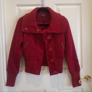Red wool jacket w/ sweater cuffs, waist & collar